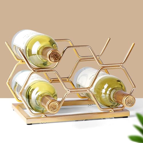ABIN Countertop Wine Rack - 5 Bottle Freestanding Modern Gold Metal Small Wine Rack - Tabletop Wine Holder Stand for Cet, Pantry, Wine Bottle Storage (Hexagon - 5 bottles)