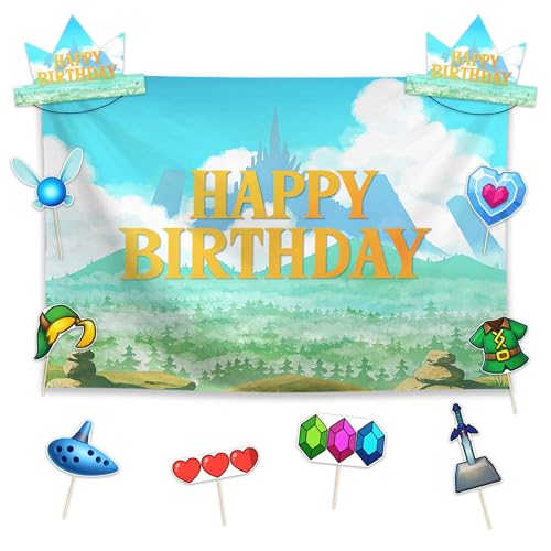 Allenjoy Cartoon Adventure Game Wonderland Birthday Party Decorations Set - 11 Piece Kit with 59"x35" Backdrop, 2 Headbands, 8 Photo Booth Props, Supplies, Favors for Son Teens Boys Men Fans Decor