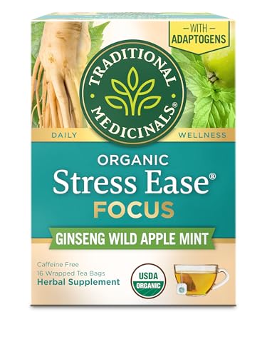 Traditional Medicinals Organic, Stress Ease Focus, Ginseng Wild Apple Mint Tea - Balanced Energy Support & Adaptogens - Kosher, Non-GMO, Caffeine-Free, Compostable - 16 Tea Bags