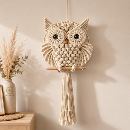 Image of tms Bohemian Owl Macrame Wall Hanging, Handcrafted Boho Chic Accent, Yellow Light, 30.5 x 58.4 cm, for Home, Office, or Living Room