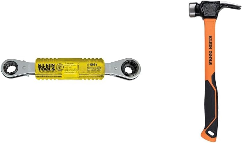 Klein Tools Lineman's Insulating 4-in-1 Box Wrench and 26-Ounce Claw Milled Fiberglass Hammer Utility Tool Bundle
