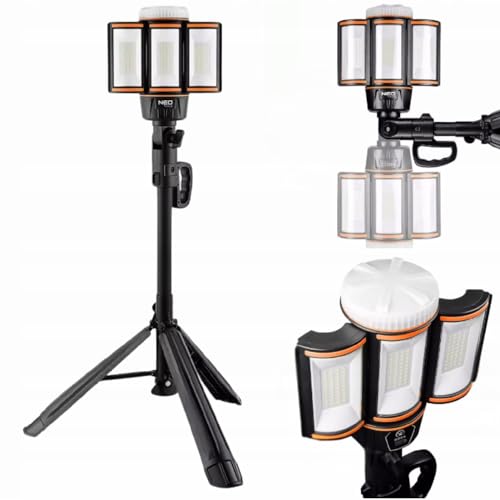 NEO TOOLS Projecteur de travail sans fil 5000 lm, IP44, hauteur réglable jusqu'à 200 cm, projecteur de chantier rechargeable avec trépied, temps de travail jusqu'à 15 heures, possibilité de travailler