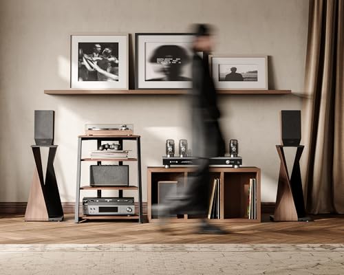 Foto von FITUEYES Design HiFi Rack aus Holz & Stahl, Plattenspieler Tisch mit verstellbaren Ablage, HiFi Regal für Plattenspieler & Stereoanlagen & Kompaktanlage, 61 x 52 x 78 cm