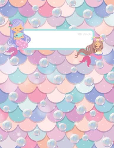 Mermaid Notebook for Girls, 1 Subject, Wide Ruled Paper, 8.5 x 11 Inch Notebook, Pink, Purple, Green, Blue, Girls Notebook, 100 pages