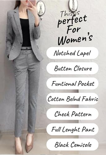 Image of Women's 3-Piece Cotton Blend Blazer Pant Set | Black & White Checkered Co-Ord Suit with Crop Camisole | Formal Office Wear, Business Casual, Interview, Corporate
