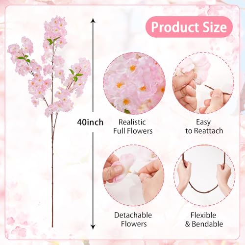 YOUNGLEAVES ピンクの人工桜の枝3本、40インチのリアルなフェイクロングステム桜の花瓶アレンジメント、結婚式、テーブルセンターピース、ホームパーティー、キッチン装飾用 [2]