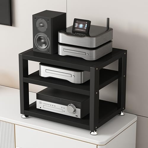 Soporte de 3 niveles para medios AV de madera, estante de almacenamiento de esquina de entretenimiento para TV, consola de videojuegos, reproductor de DVD y caja de cables, solución de almacenamiento
