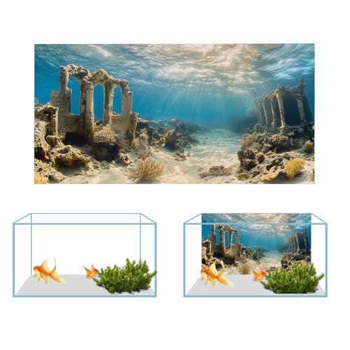 Image of COMSUN 3 Pack Aquarium Background, 48x18 inches Polyester Aquarium Background, Cloth Fish Tank Background, Undersea Ruins Floor Sunshines & Tree Wood Branches Aquatic Plants