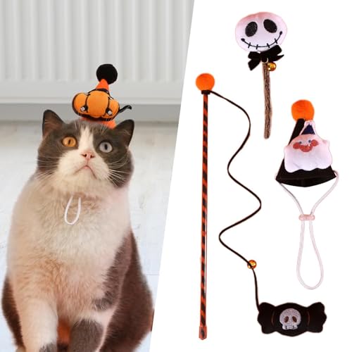 WeiLaiKeQi Gato mastigando brinquedo de Halloween cone chapéu conjunto para gato interno interativo,