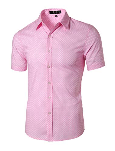 uxcell Men's Printed Cotton Dress Short Sleeves Polka Dots Button Down Shirt Pink 34