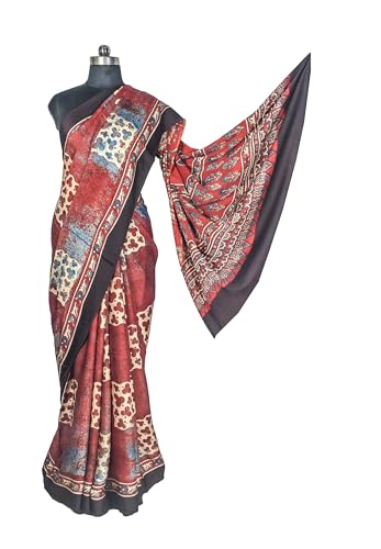 Image of Ethnics of Kutch Ajrakh Modal Silk Saree For Women | Natural Dye Hand Block Print |With Unstitched Blouse Piece | 5.5 Mtr Length (Red 27A01S)