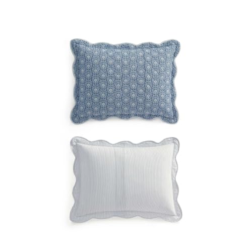 Image of Martha Stewart - King Cotton Percale Quilt with Shams, Reversible Floral | 100% Cotton Percale, 80 /20 Cotton Blend Fill, Breathable, Reversible Damask Design, Includes 2 Shams, Machine Washable