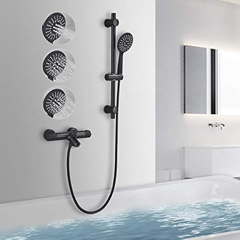 Rozin Thermostatic Bath Mixer Tap Black with 3 Types Hand Shower and Shower Slider Anti Scald Brass Bathroom Tap Wall Mounted Cover