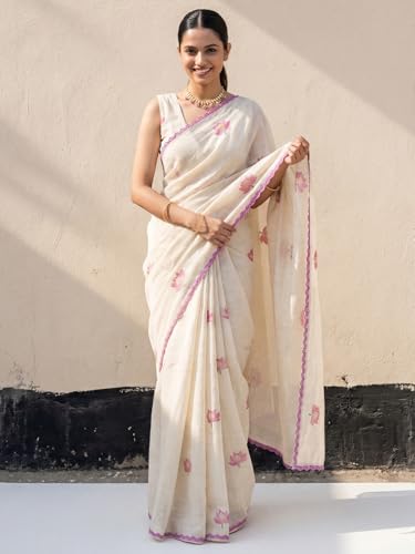 Image of AKHILAM Women's Shimmer Off White Chanderi Cotton Floral Hand Paint Embroidered Lace work Saree With Unstitched Blouse Piece | saree for woman | Designer Saree for Women | Soft and Skin Friendly