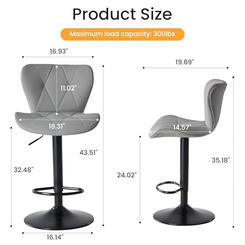 Image of HealSmart Bar Stools Set of 2, Adjustable Faux Leather Swivel Bar Stools, Counter Height Bar Chairs with Back for Kitchen Island, 360 Swivel, 300 lbs Capacity, Grey