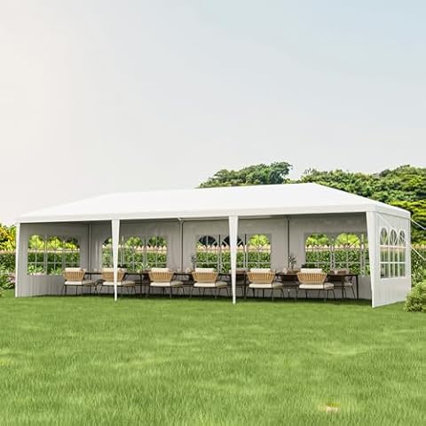 Tangkula 10x30 Ft Heavy Duty Party Tent, Large White Event Tent with 6 Sidewalls & 2 Zippered Door, Outdoor Wedding Tent with Stakes & Ropes for Patio, Backyard, Parties Cover