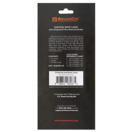 Survivorcord Survival Boot Laces, 1 Pair, 54" / 6X Eyelets, Tactical Black #TOP1