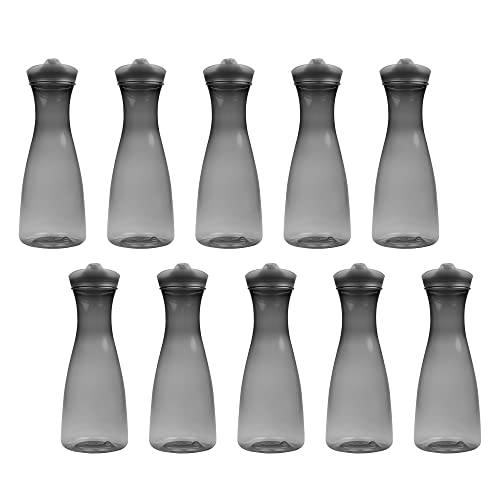Clear Plastic Carafes with Lid 34 oz. Set of 10, Bulk Pack - Perfect for Water, Juices, Smoothies, Milk and Other Beverages - Smoke