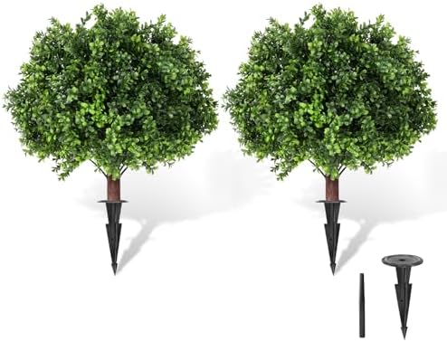 LadyRosian Artificial Boxwood Topiary Tree, 25 Inch 2 Set Outdoor...