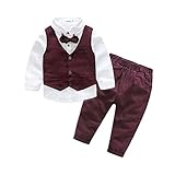 Boys 3Pcs Clothing Sets Cotton Long Sleeve Bowtie Shirts +Vest +Pants Casual Suit (3t, Red)