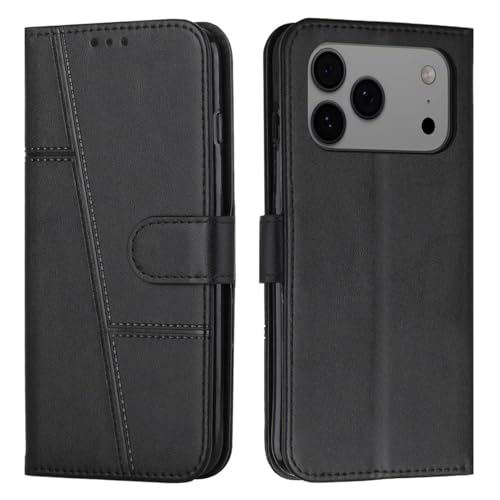 Coque iPhone 17 Pro en cuir noir avec rabat magnétique et finitions soignées