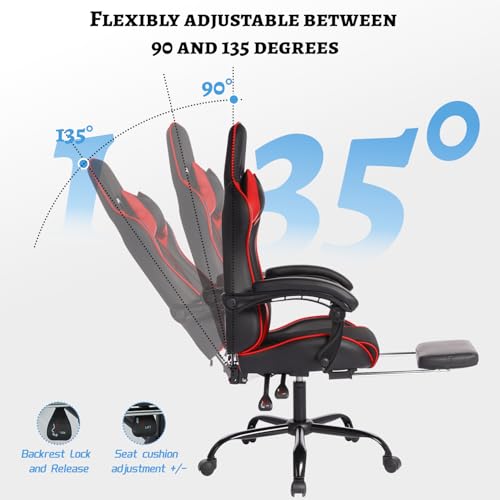 Image of Gaming Chair with Headrest and Lumbar Support, High Back Leather Computer Office Desk Chair with Footrest, 360 Swivel Height Adjustable Recliner Game Chair (Red Black)