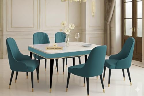Image of Swiss Modern Dining White Marble Top Table Set with Sheesham Wood Legs, 6 Seater with Upholstered Chairs (71x36x30 Inches) (Sea Blue)