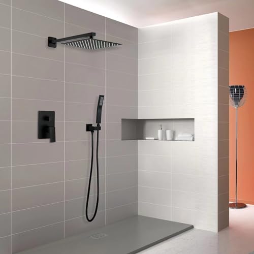 Set de ducha Black Square Rainfall con cabezal y manija, instalacion de pared, en acabado negro mate, 10 y 12 pulgadas miniatura 3