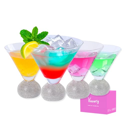 Veuverig 4.5in Width,Stemless Martini Glasses set of 4,10 Oz Lead-Free Clear Crystal Cocktail Glasses,Hand Blown Glassware,for Wedding, Cocktail Party, Birthday,Gifts Women (Silver Cocktail glass)