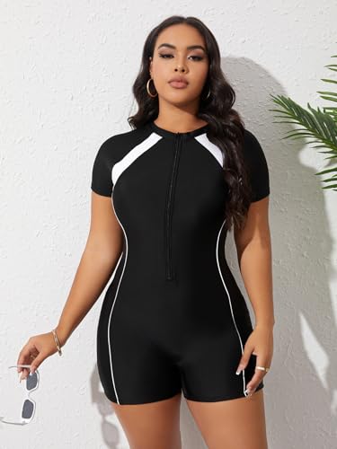 Floerns Women's Plus Size Colorblock Full Zip Short Sleeve One Piece Swimsuit4