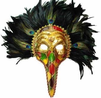 New Classic Vintage Medieval Plague Doctor Mask Design Laser Cut Masquerade Mask for Mardi Gras Events or Halloween - Gold w/ Brilliant Peacock Feathers by VintageVenetian