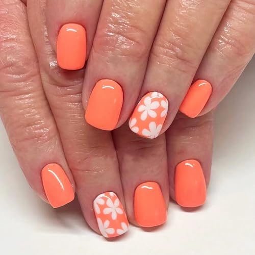 24Pcs Orange Press on Nails Spring Summer Fake Nails with White F...