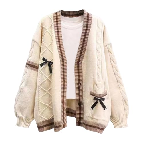 ebossy Womens Kawaii Cute Bowknot Cable Knit Cardigans Sheep V Neck Button Down Slouchy Preppy Wool Blend Sweater Coat