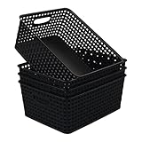 Morcte Plastic Weave Shelf Basket, 4-Pack Plastic Baskets Organizer, Black