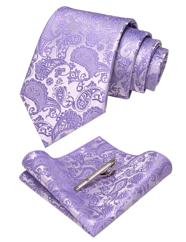 JEMYGINS Mens Lavender Paisley Necktie and Pocket Square with Tie Clip Sets(27)