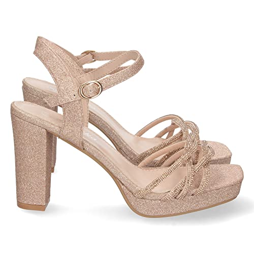 shoes&blues.es 67371-Sandalia de Tacon para Mujer, Comoda, de Material Brillante, con Palas Cruzadas, y Cierre de Hebilla, Otono Invierno 2022. Talla 38 Champan