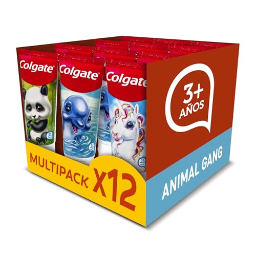 Colgate Animal Gang Pasta de Dientes Infantil, Pack 12 Uds x 50 ml, Dentífrico para Niños Mayores de 3 Años, Protección Anticaries, Fórmula Sin Ingredientes Artificiales, Sabor Natural y Suave