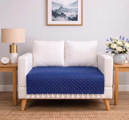 Image of BSB HOME 300 TC Premium Sofa Cover, Quilted Sofa Seat Cover with Decorative Tassels, Soft Comfortable Couch Protector, Stylish Furniture Cover for Living Room, 60 x 48 Inches (152 x 122cm) - Teal Blue