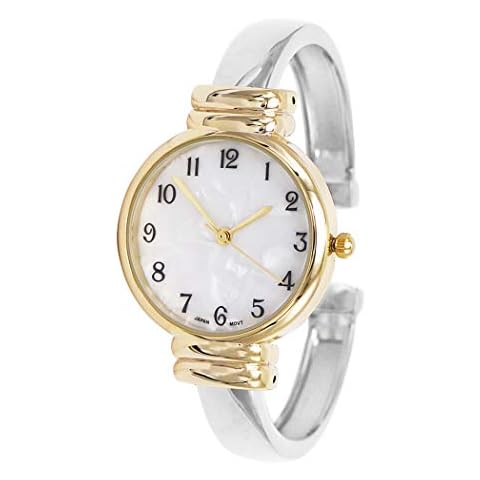 Rosemarie Collections Women's Mother of Pearl Metal Cuff Watch (Two Tone) Cover