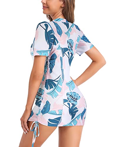 Luranee Women Rash Guard,Tropical Vacation Clothes Athletic Swimwear Halter Swim Dress Tummy Control Bathing Suits Plus Size White Pink Leaf Xx-Large #TOP2