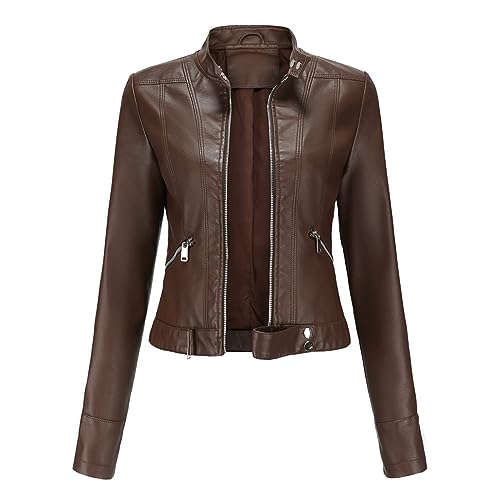 XUNRYAN Girls Faux-Leather Jacket Slim Fit Stand Collar Long Sleeve Fall Fashion Winter Moto Bomber Aviator Coat Outerwear