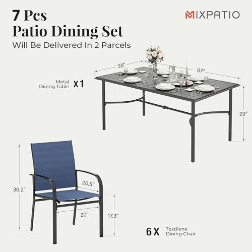 Image of MIXPATIO 7-Piece Outdoor Dining Set 6 Blue Textilene Chairs and Steel Rectangle Table with 1.97 inch Umbrella Hole for Deck Garden Backyard Lawn Poolside