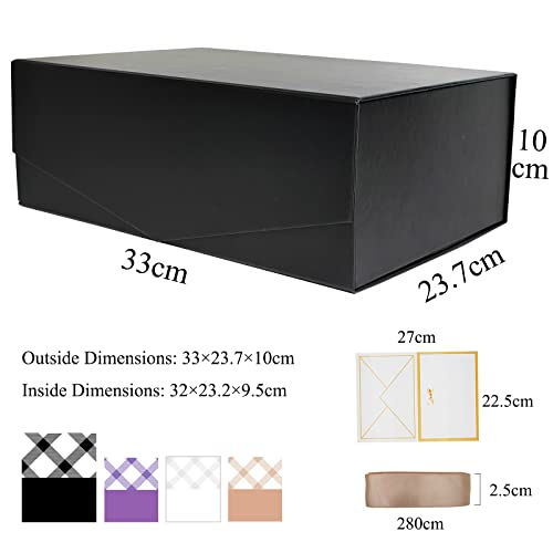 Tekhoho Grand Boîte Cadeaux Noir, Boite Cadeau Magnetique avec Couvercle, Vide Décorative Boîte avec Ruban et Carte pour Mariages Anniversaire et Présent, Doublure à Carreaux, Couvercle en V - Image 3