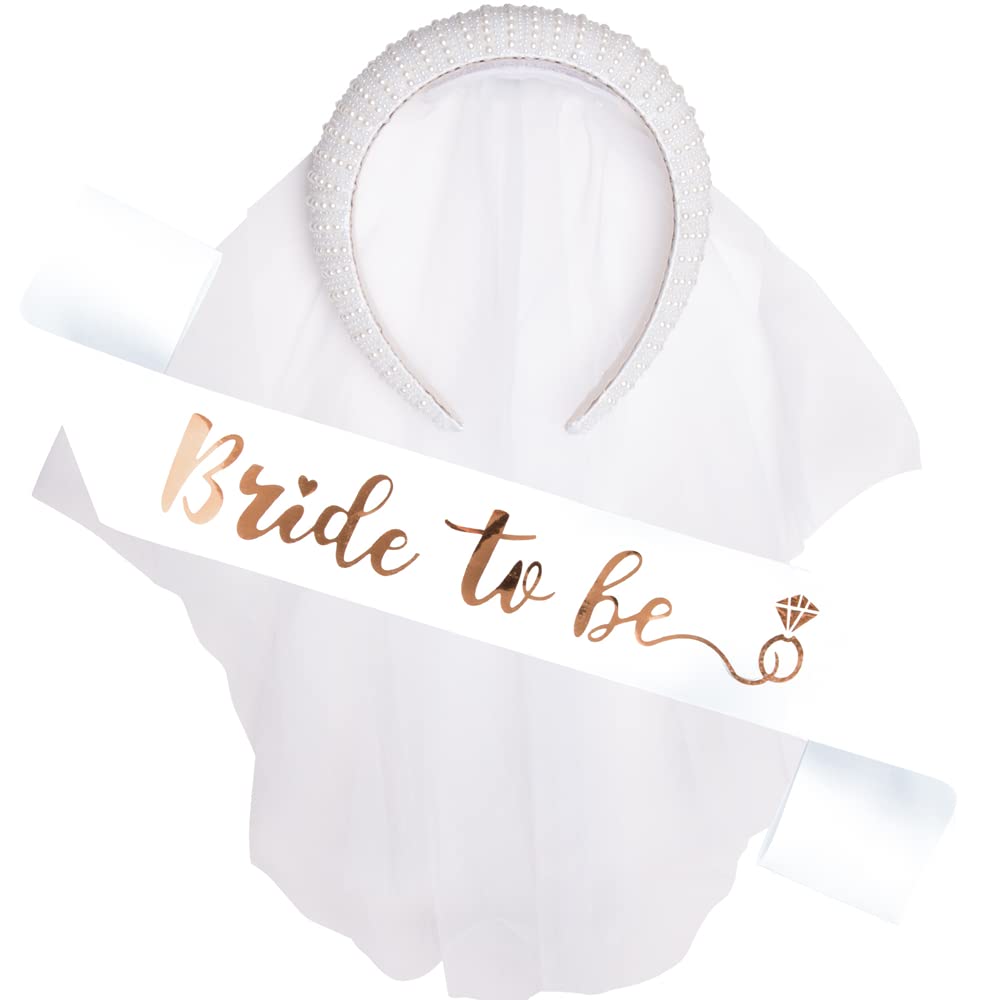 Pearl Headband - Elegant Wedding Hair Accessories for Bride, Bridal Shower, Bachelorette Party Decorations, Bride to Be Gift, Includes Removable Veil and Silk Sash