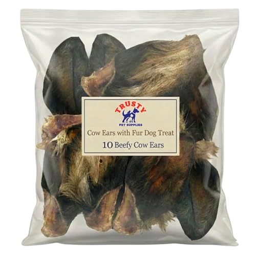 Cows Ear for Dogs x 10 Ears with Fur | 100% Natural Treats | Grain Free & Hypoallergenic | Natural Long Lasting Raw Buffalo Ear Chew | Tasty Raw Dog Treat | Natural Dewormer | By Trusty Pet Supplies