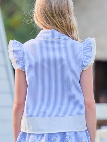 Image of Girls Blue Striped Peter Pan Collar Blouse Ruffle Sleeve Cute Pullover Summer Top for 6-7Y