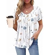 HOTOUCH Womens Short Sleeve Tunic Tops Pleated V Neck Loose Fit Ruffle Sleeve Shirts Summer Flora...