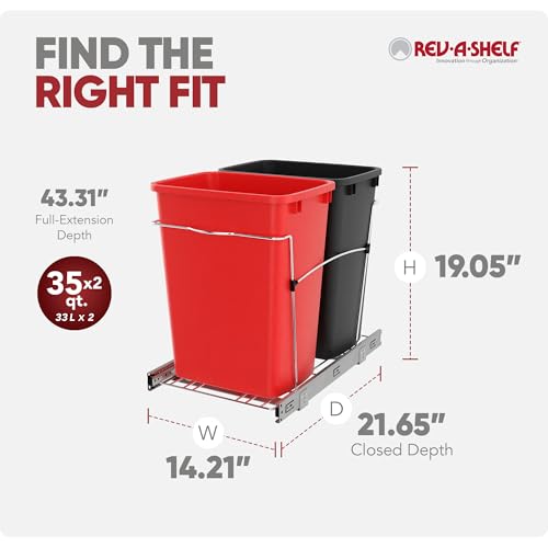 Image of Rev-A-Shelf RV-18KD-1618C-S Double Pullout Trash Can for Kitchen Cabinets 35 Qt Garbage Recycling Bin on Full Extension Slides, Red /Black