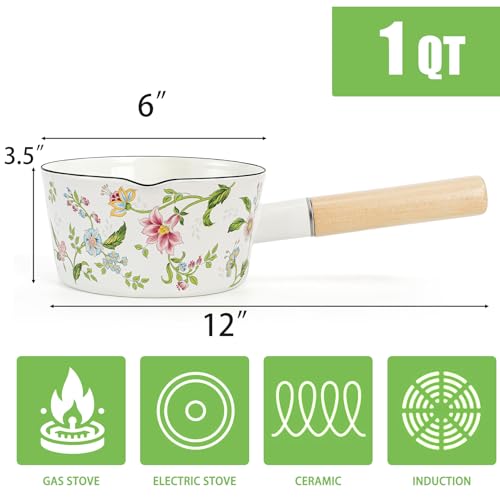 Jucoan 1 Quart Enamel Milk Pan with Pour Spout, Green Floral Small Saucepan Simmer Pot Stovetop Safe, Wood Handle for Hot Chocolate, Butter, Oatmeal, Holiday Simmer Pot Gifts, Measurement Marks by Jucoan - Image 2