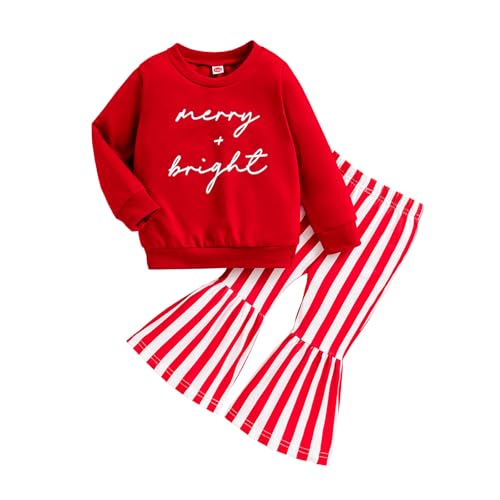 Image of Kislio Toddler Baby Girl Christmas Outfit Long Sleeve Sweatshirt Top Flared Bell Bottom Pants Infant Girls Christmas Clothes Set